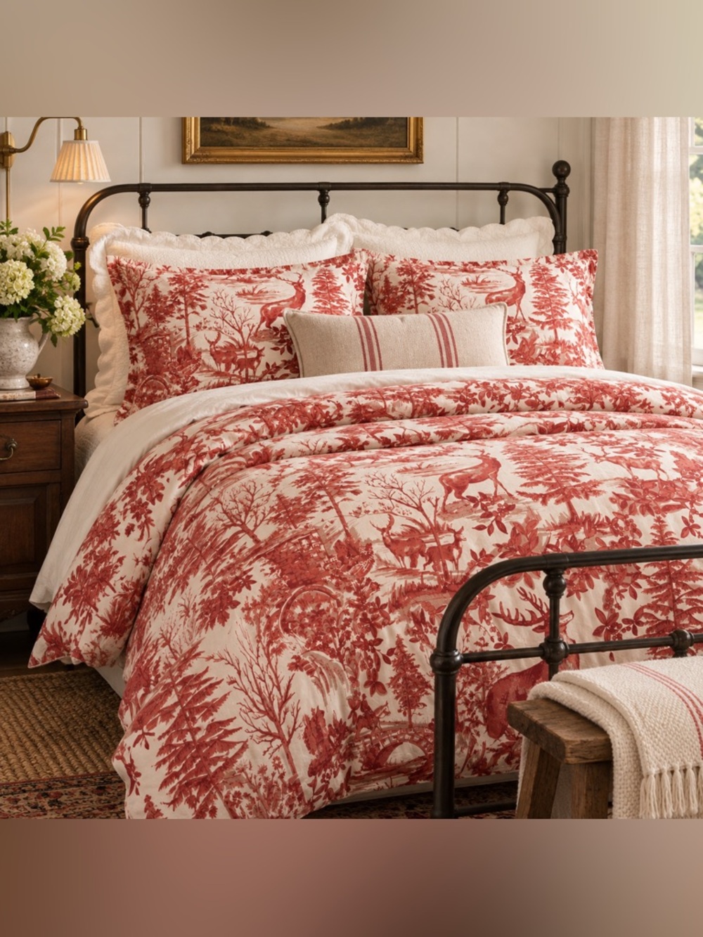 Pottery Barn Woodland Toile Full Queen Duvet Cover + 2 Shams Red Ivory Deer